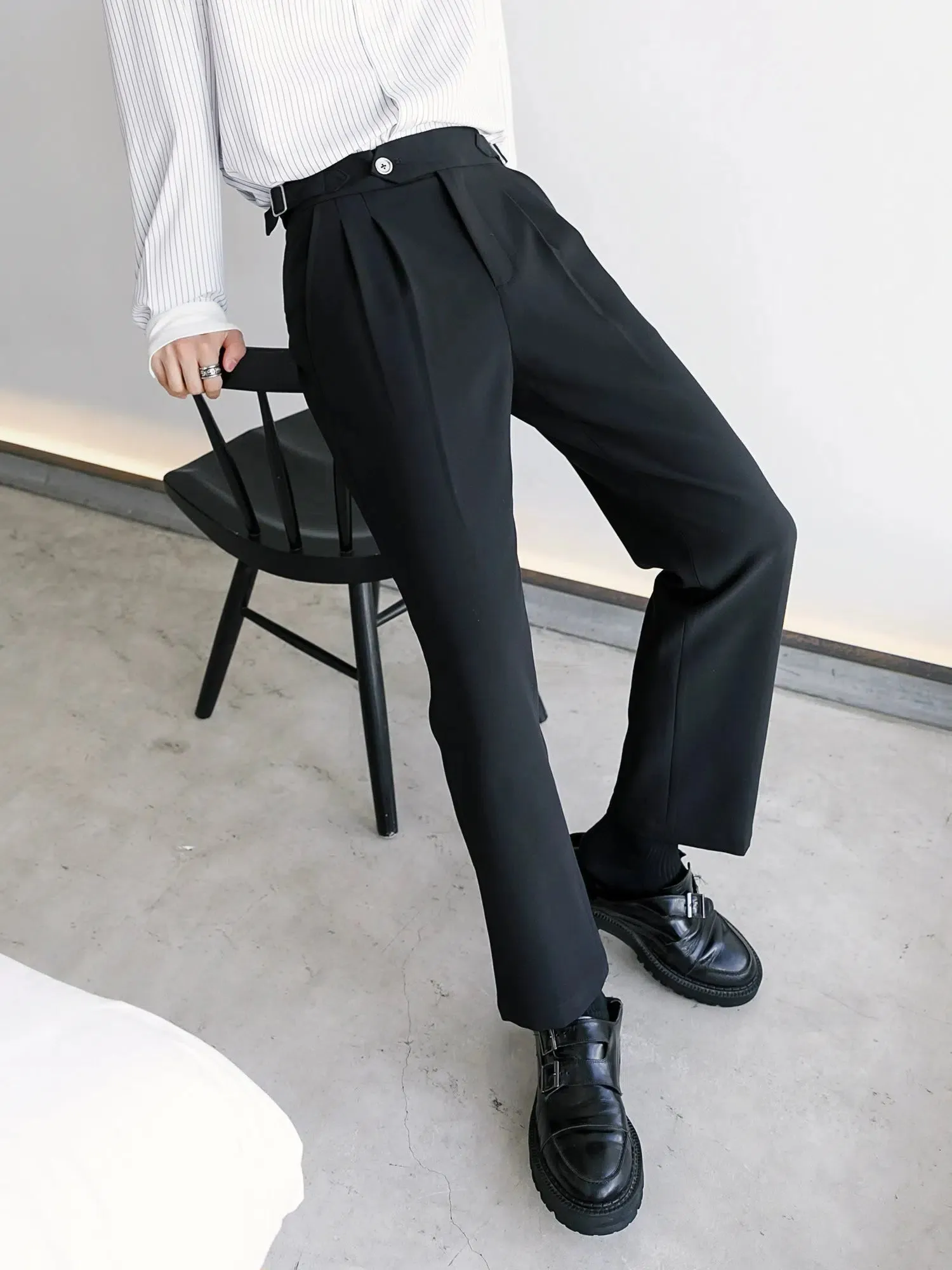 High-Waist Pleated Buckle Pants