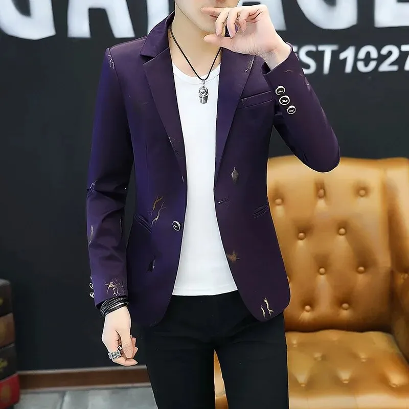 HOO 2023  Youth Slim   blazer Men Fashion Casual Spring Print suit jacket