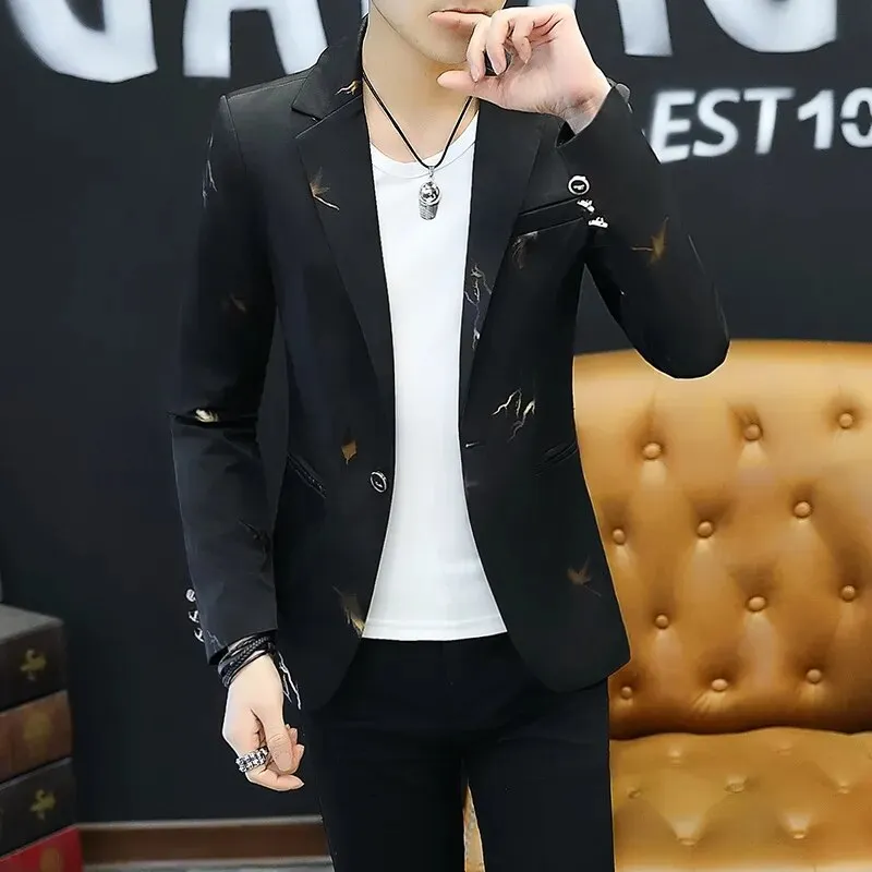 HOO 2023  Youth Slim   blazer Men Fashion Casual Spring Print suit jacket