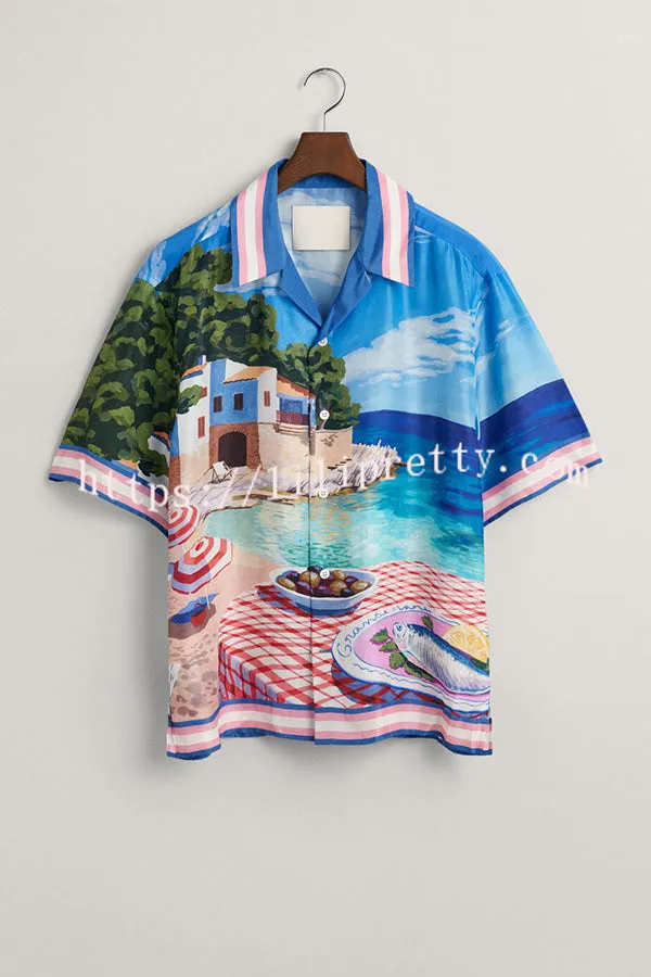 Italian Coast Unique Print Loose Button Shirt and Elastic Waist Pocket Shorts Set