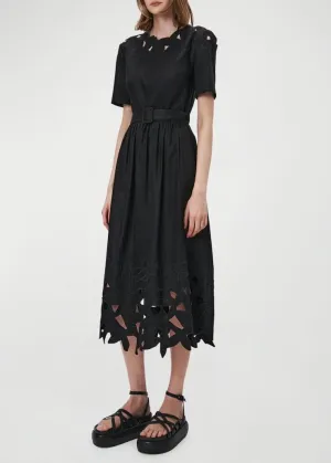 Jilly Abstract Embroidery Belted Midi Dress (Black)