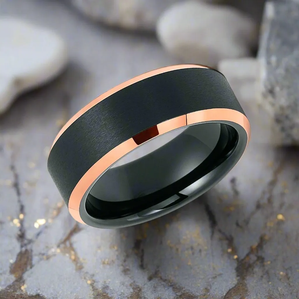LEONARD | Black Tungsten Ring, Brushed, Rose Gold Beveled