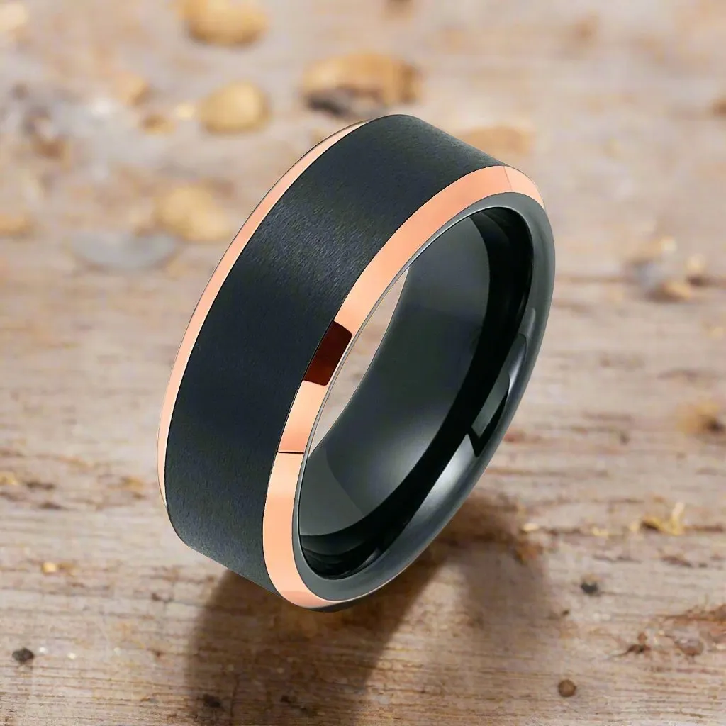 LEONARD | Black Tungsten Ring, Brushed, Rose Gold Beveled