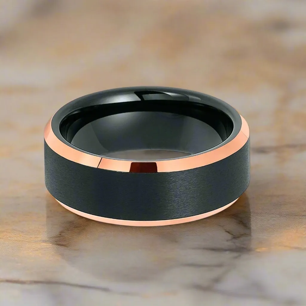 LEONARD | Black Tungsten Ring, Brushed, Rose Gold Beveled
