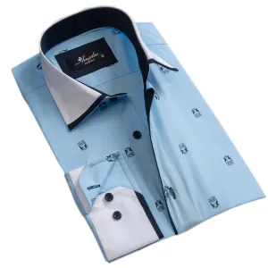 Light Blue w/ Navy Blue Mens Slim Fit Designer Dress Shirt - tailored Cotton Shirts for Work and