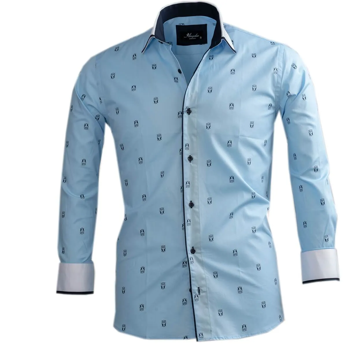 Light Blue w/ Navy Blue Mens Slim Fit Designer Dress Shirt - tailored Cotton Shirts for Work and
