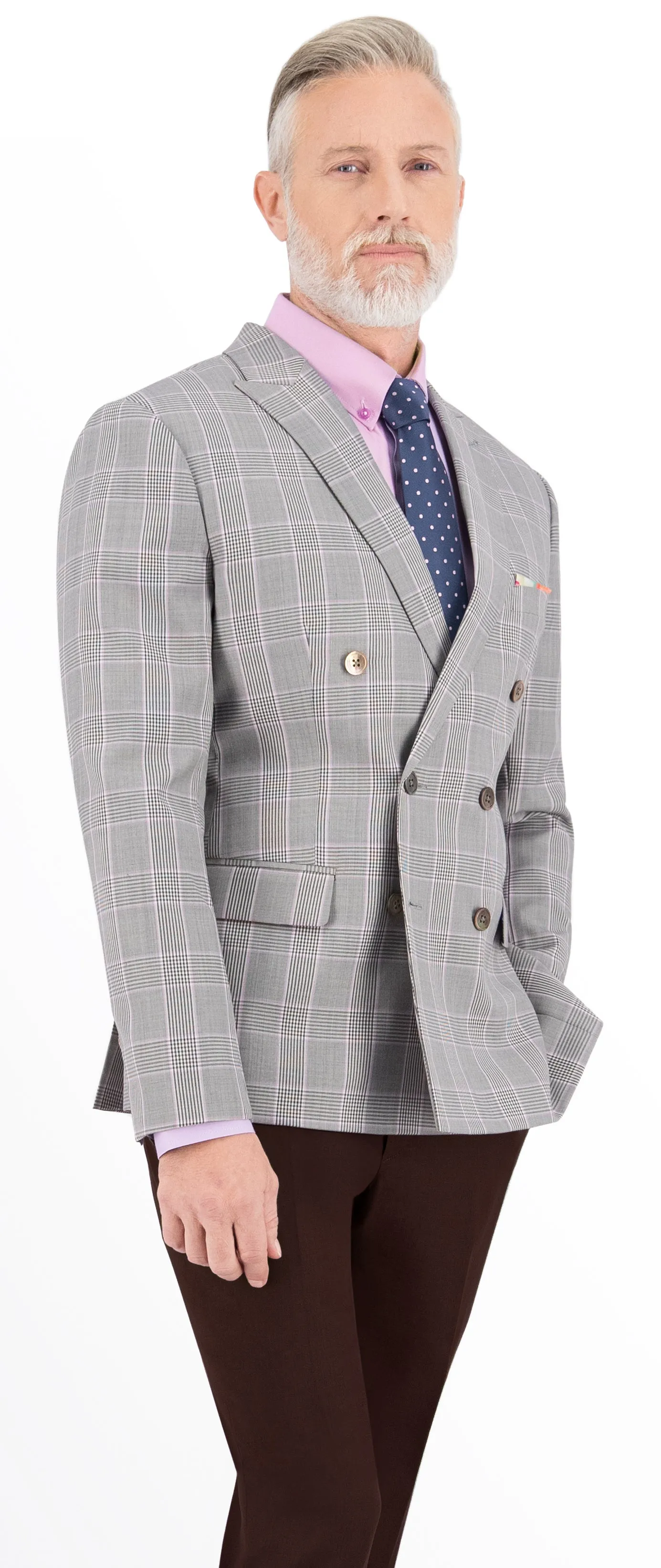 Light Grey with Purple Plaid Check Long Double Breast Suit