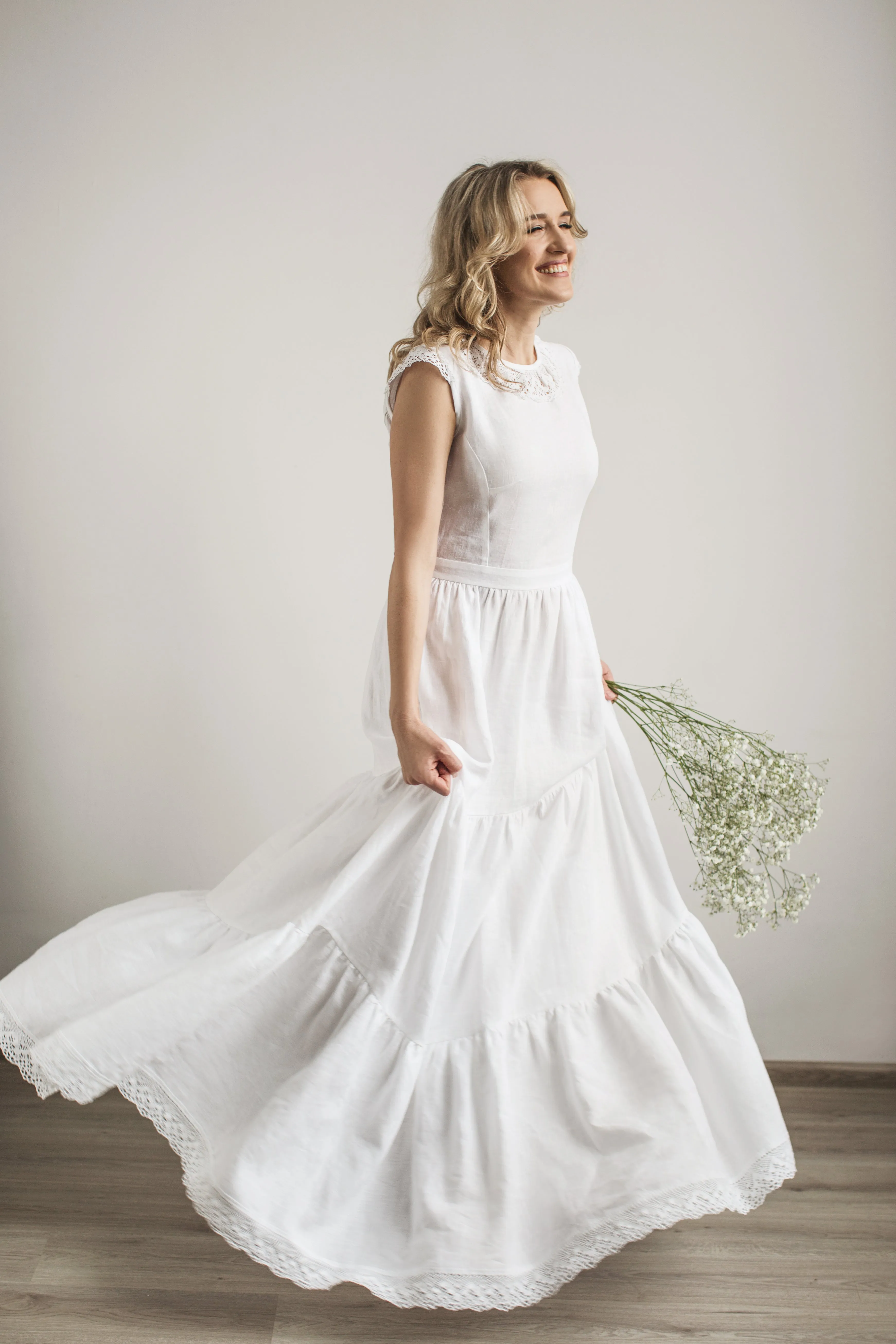Linen Boho Lace Wedding Dress