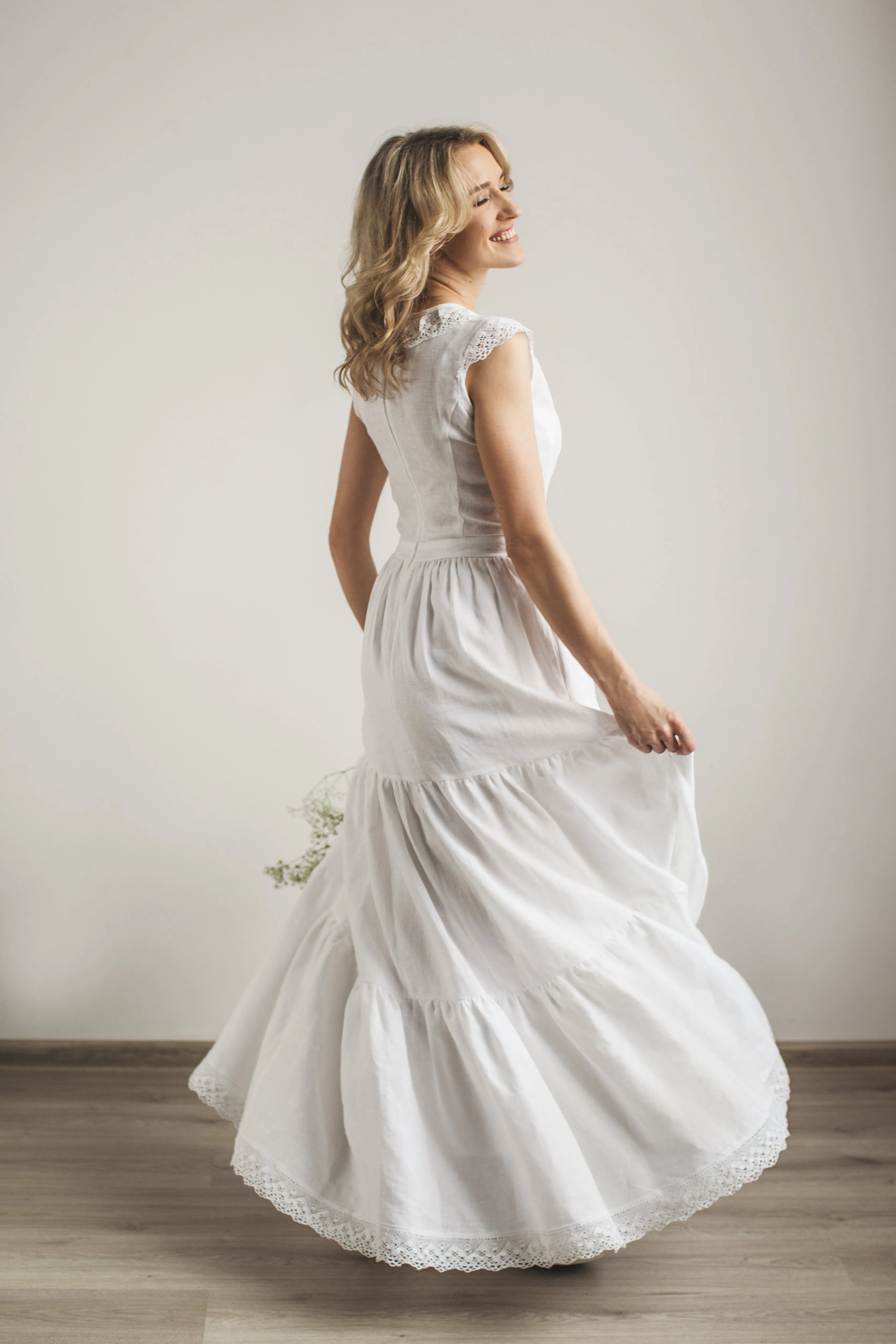Linen Boho Lace Wedding Dress