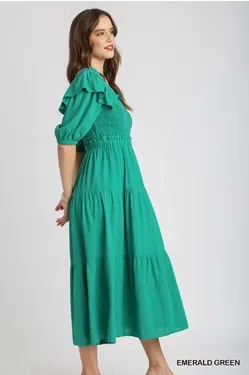 Linen V-neck Esmerald Smocked Dress