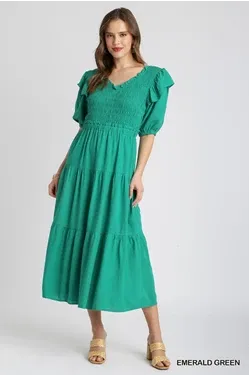 Linen V-neck Esmerald Smocked Dress