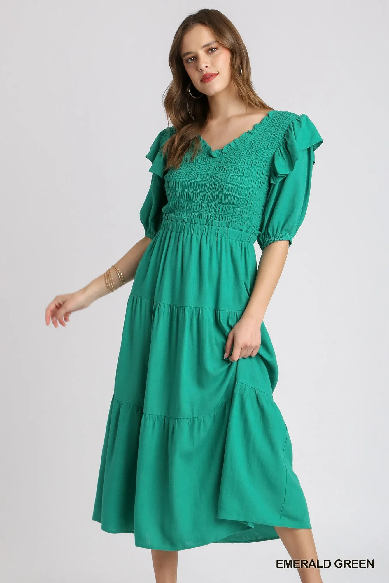 Linen V-neck Esmerald Smocked Dress