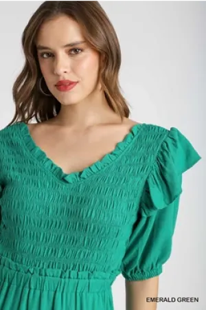 Linen V-neck Esmerald Smocked Dress