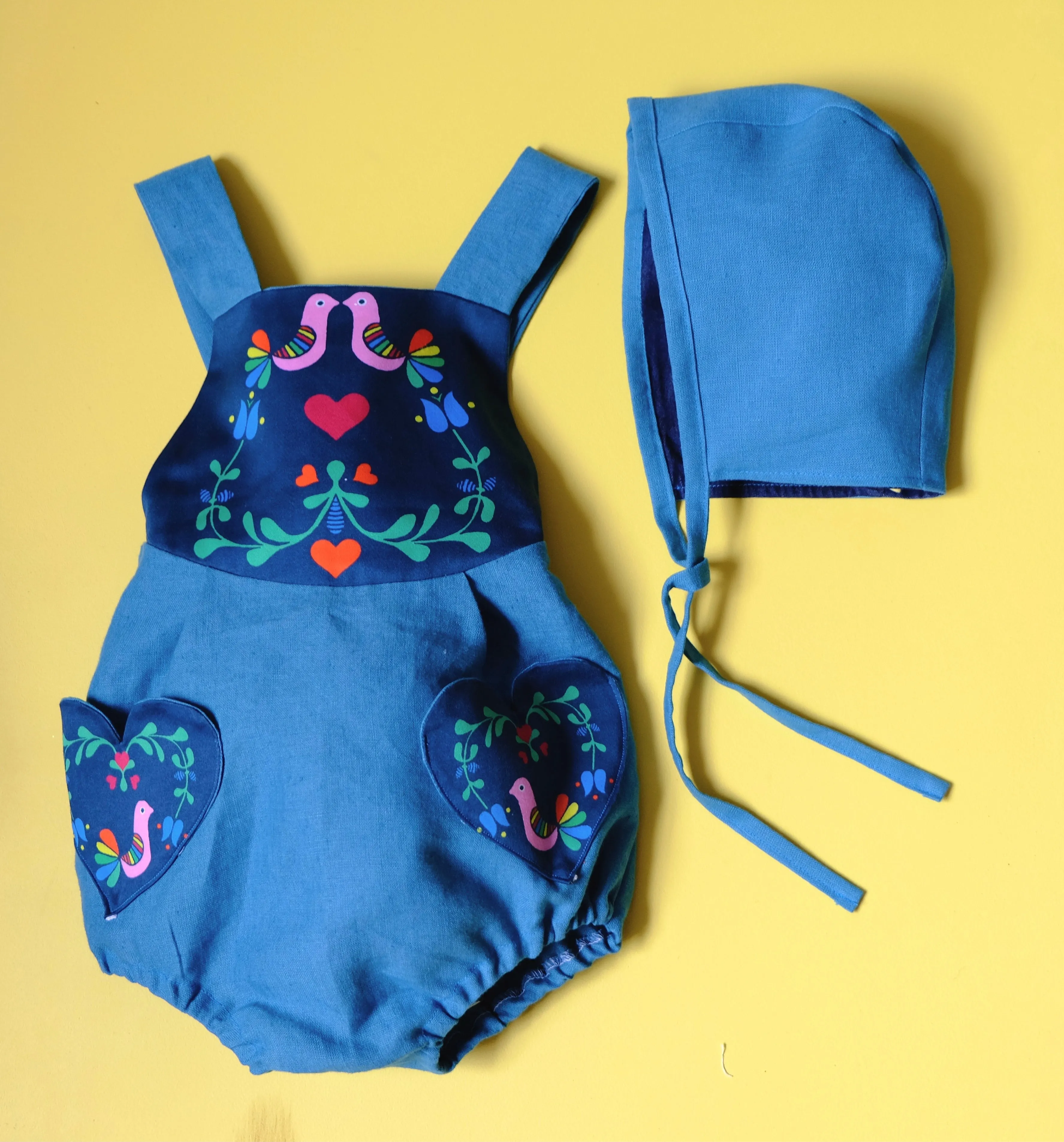 Love birds linen pinafore dress