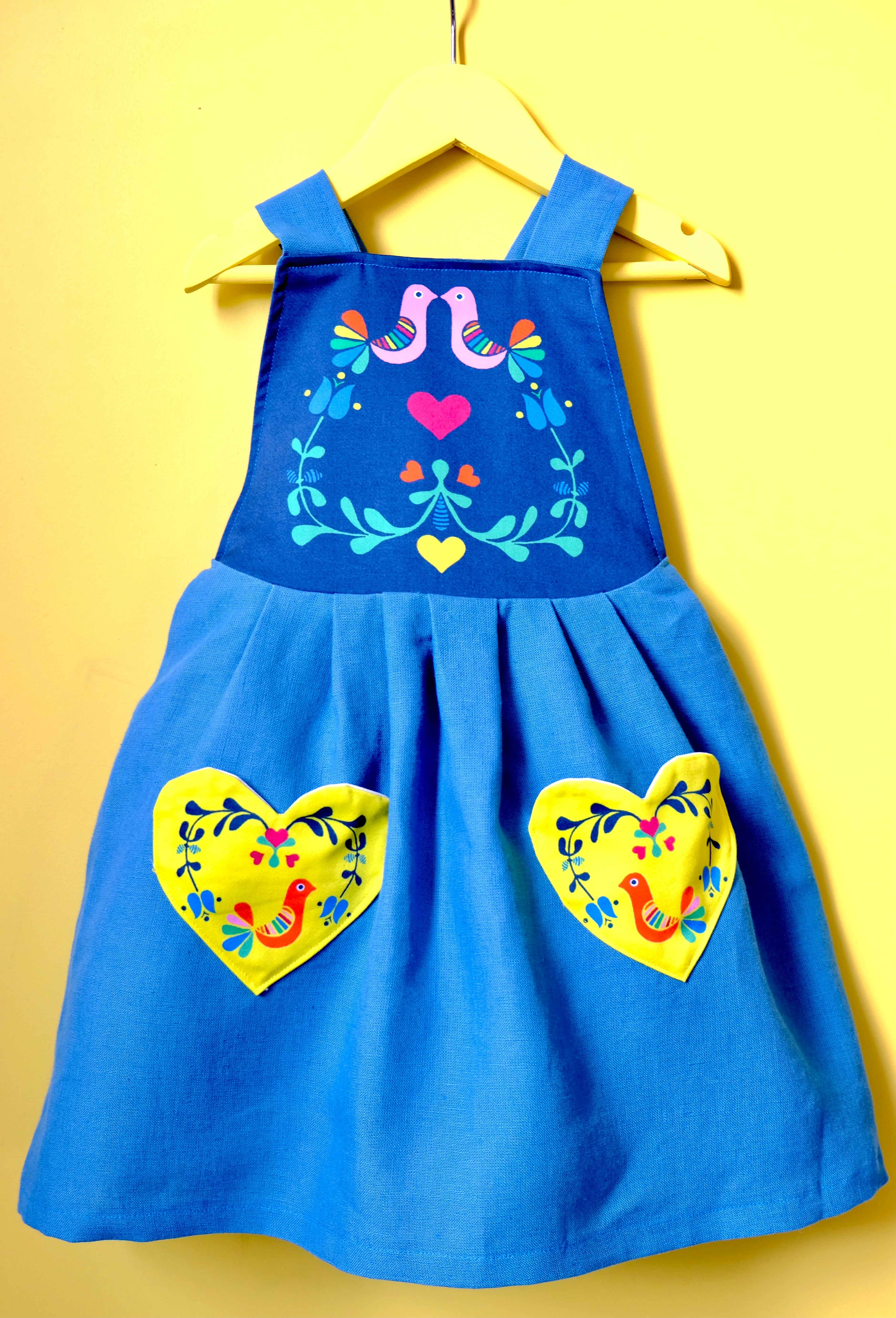Love birds linen pinafore dress