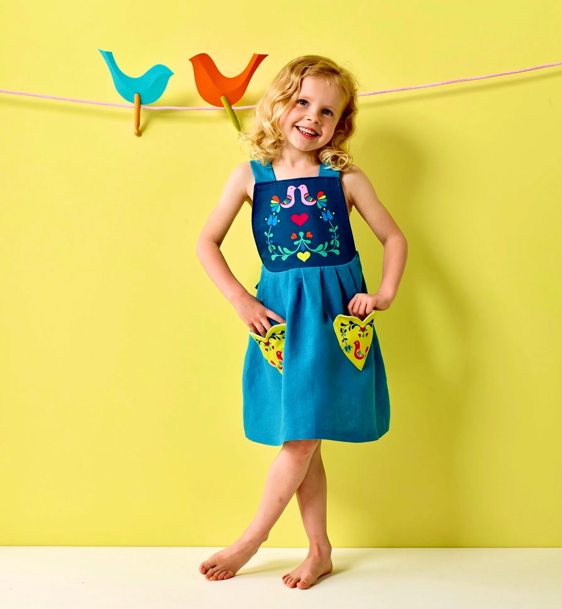Love birds linen pinafore dress