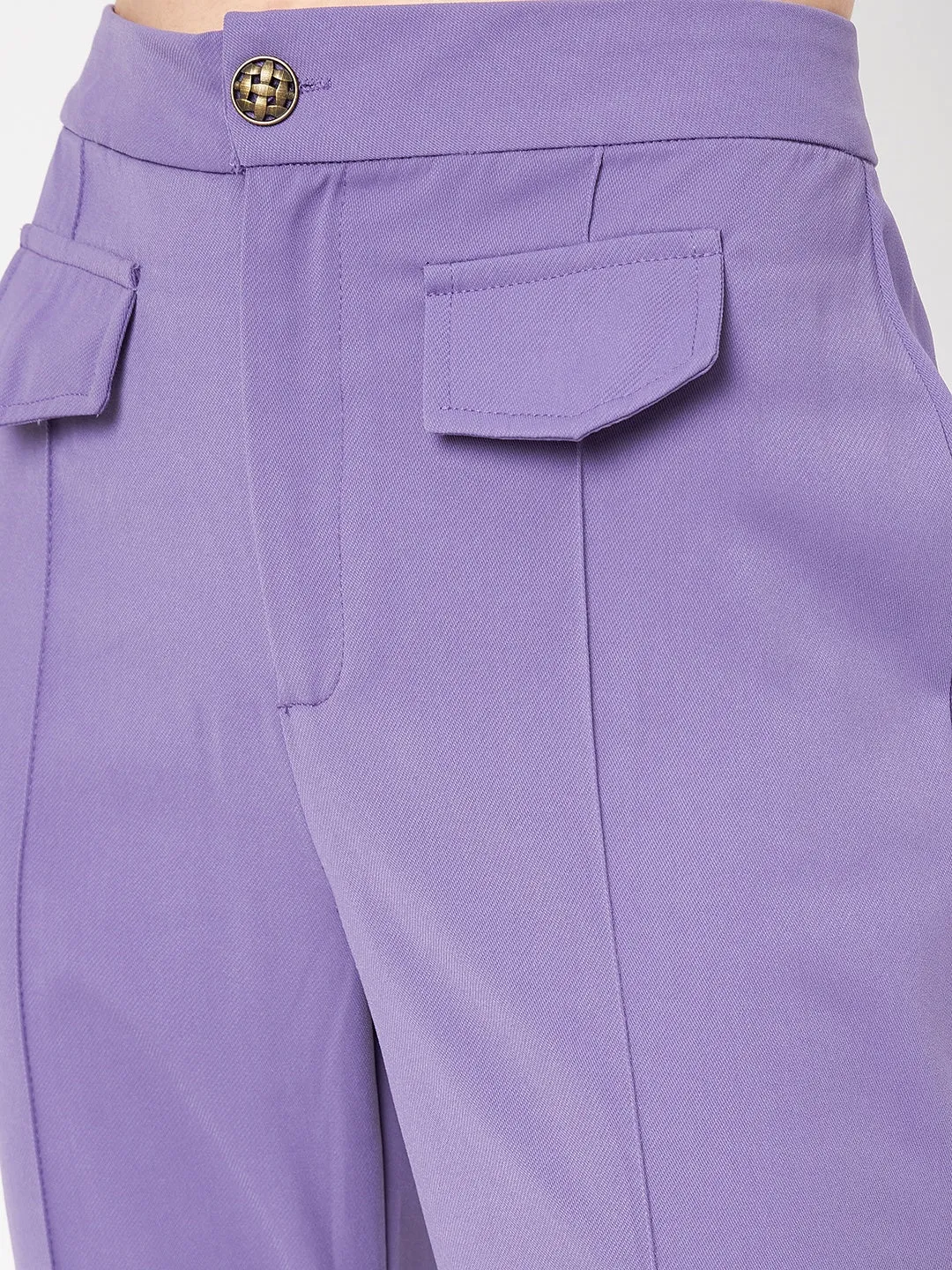 Madame Front Pleated Flap Detailed Solid Violet Flared Trousers
