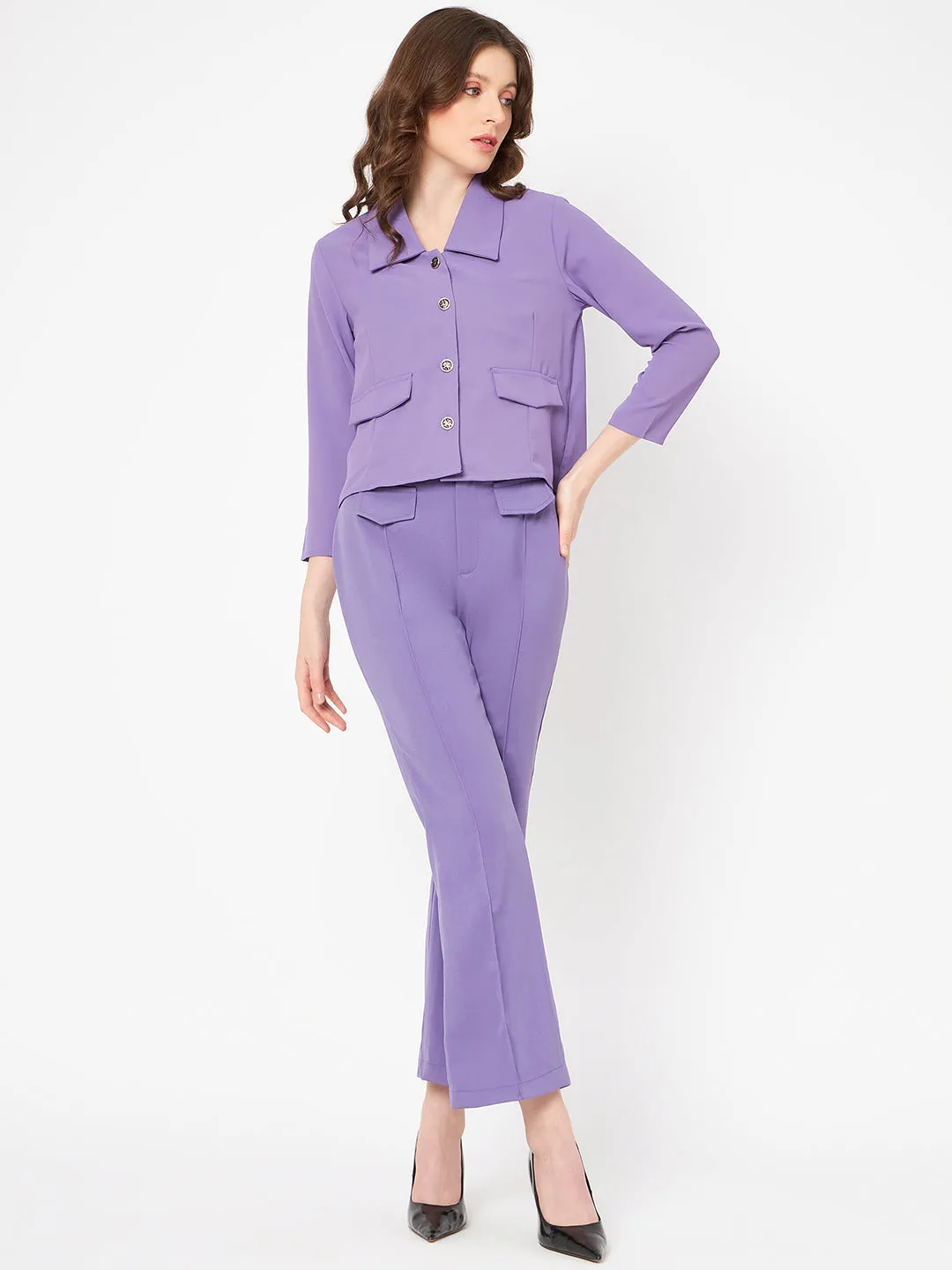 Madame Front Pleated Flap Detailed Solid Violet Flared Trousers