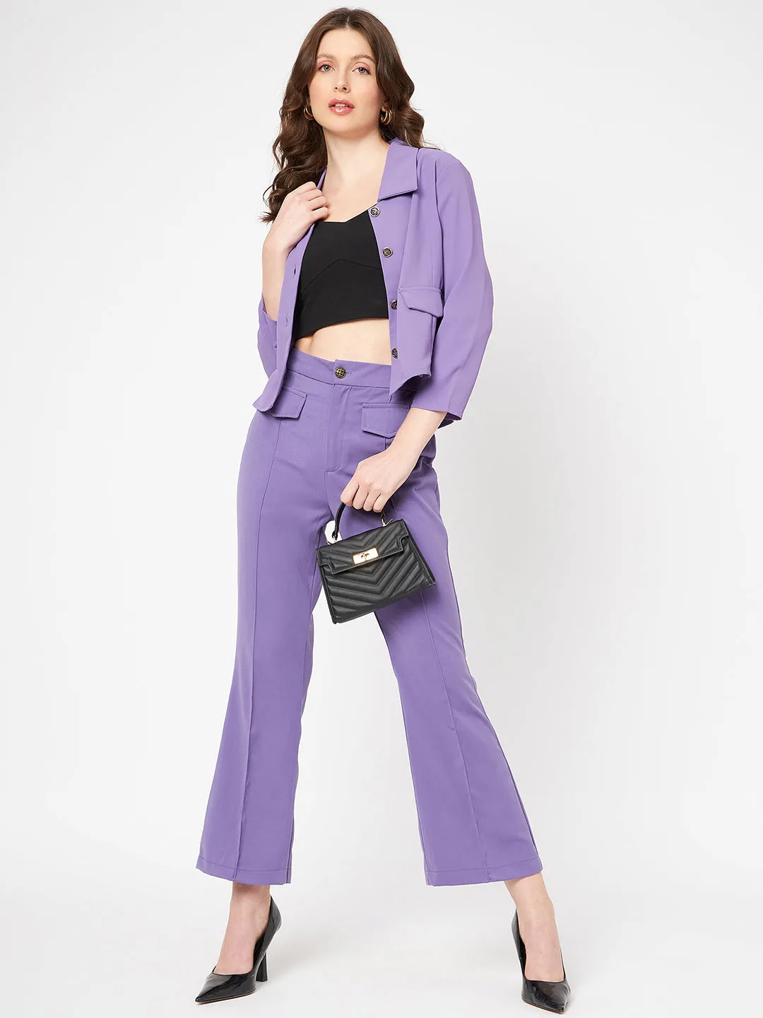 Madame Front Pleated Flap Detailed Solid Violet Flared Trousers