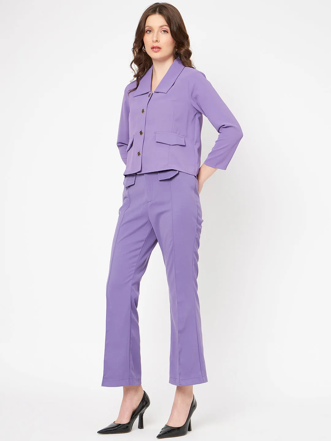 Madame Front Pleated Flap Detailed Solid Violet Flared Trousers