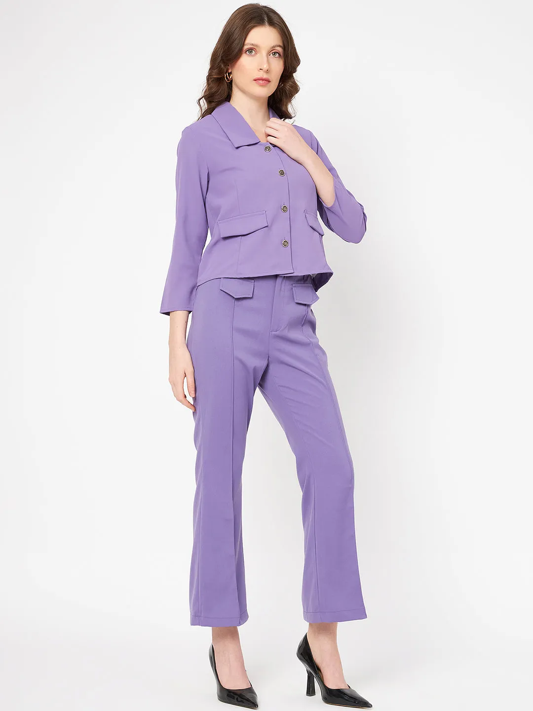 Madame Front Pleated Flap Detailed Solid Violet Flared Trousers