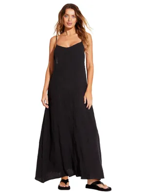 Mari Maxi Dress in Black Crinkle Linen