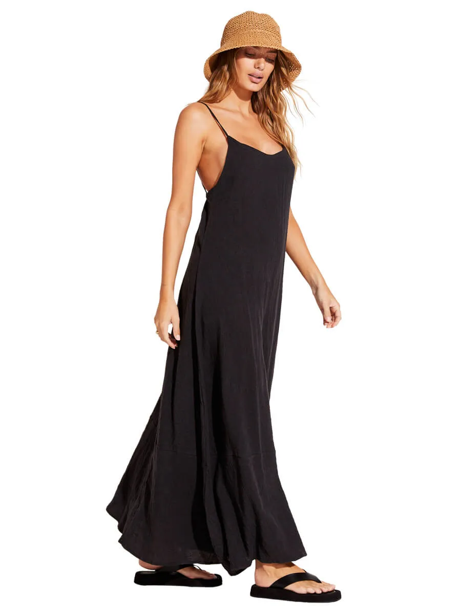 Mari Maxi Dress in Black Crinkle Linen
