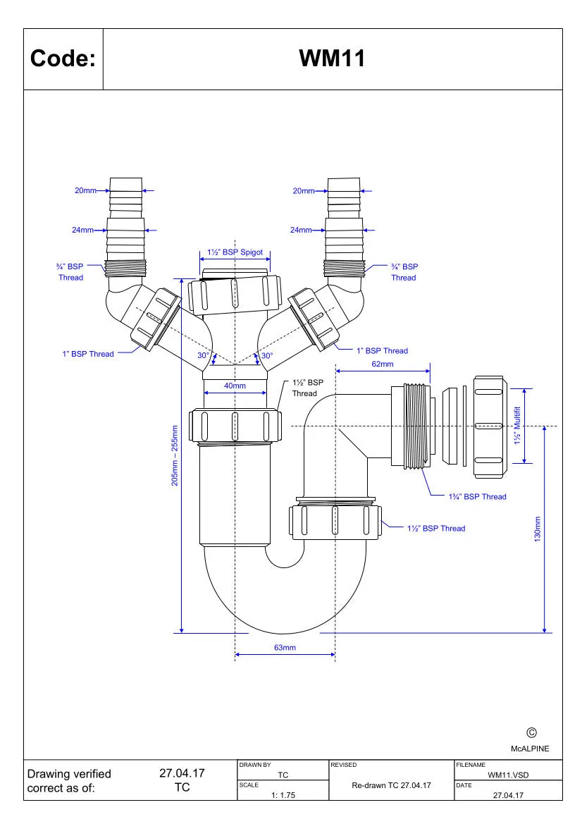 McAlpine WM11 75mm Water Seal Adjustable Inlet Tubular Swivel 'P' Trap
