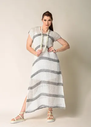 Melania Linen Dress in Cream with Khaki Stripe