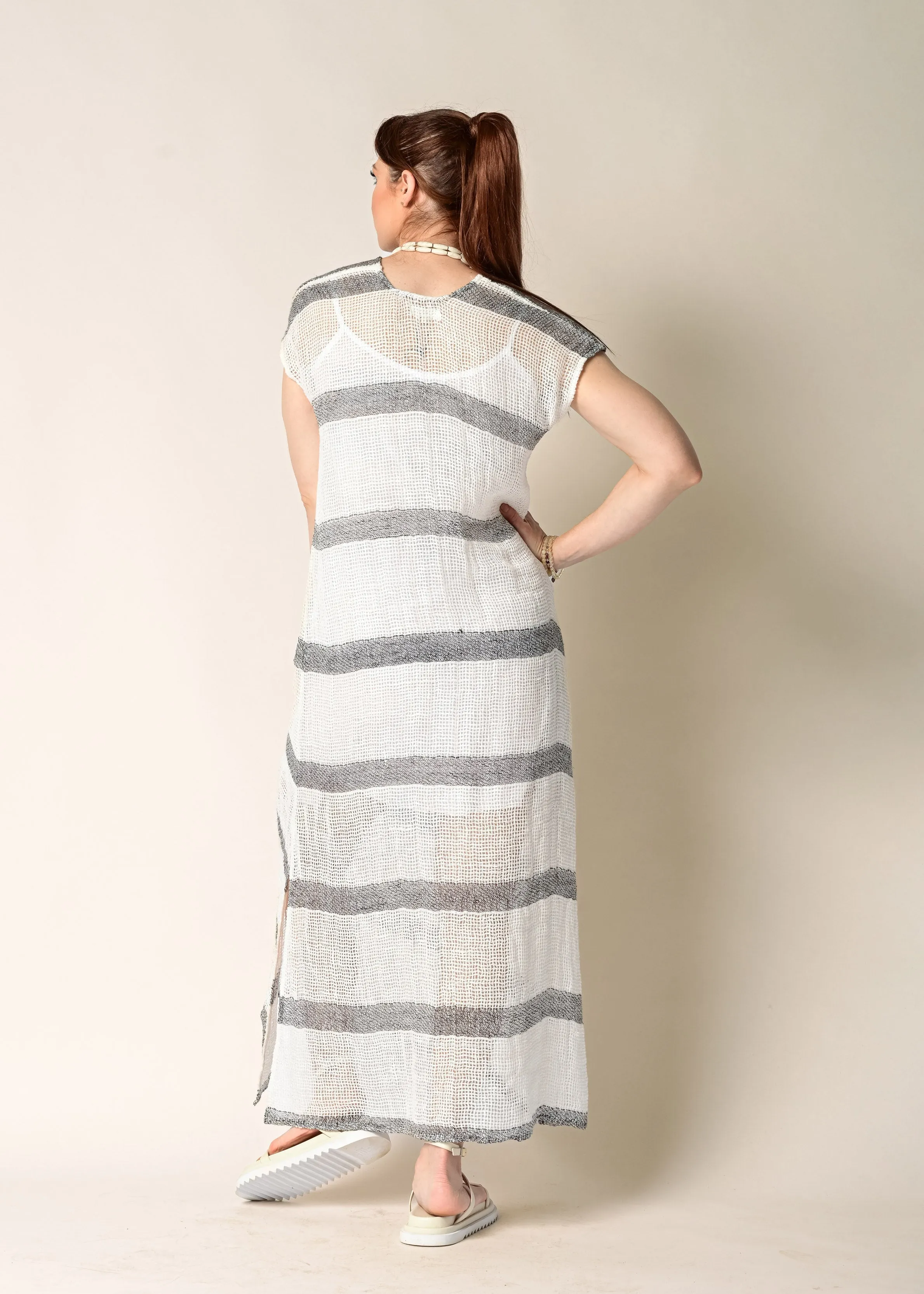 Melania Linen Dress in Cream with Khaki Stripe
