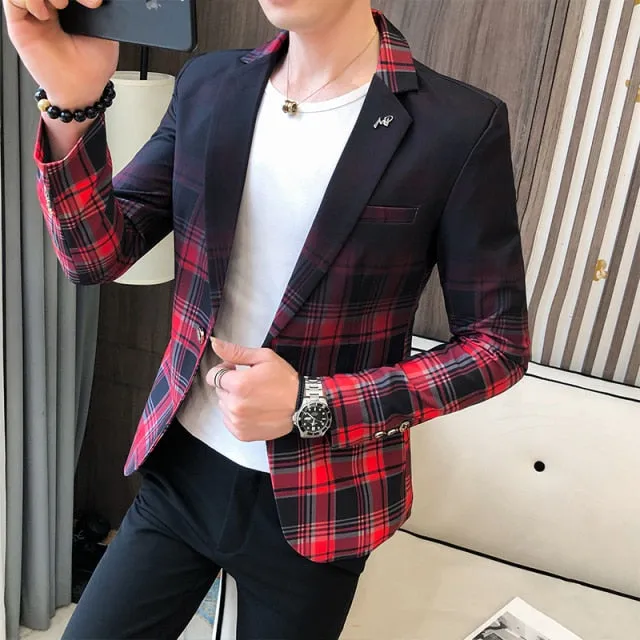 Men Blazer Spring New Colorblock Plaid Blazer Men Slim Casual Man Blazers Wedding Business Party