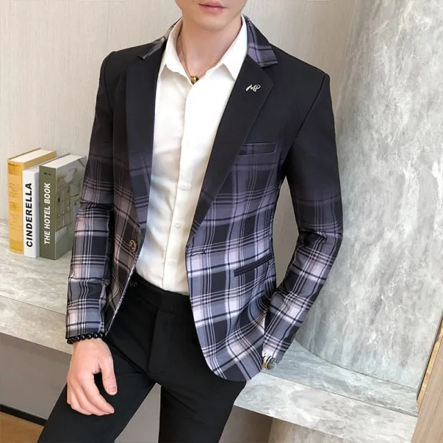Men Blazer Spring New Colorblock Plaid Blazer Men Slim Casual Man Blazers Wedding Business Party