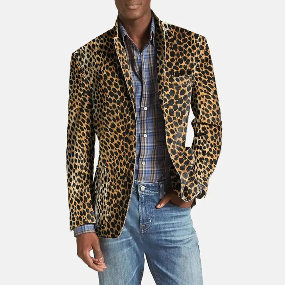 Men's Blazer Business Casual Suit jacket Leopard Print Notch Lapel Pocket Two Button Blazer Long Sleeve Elegant Luxury Male Suit