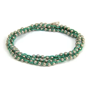Mens Triple Wrap Green Waxed Linen on Silver Ball Chain Bracelet