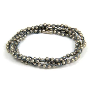 Mens Triple Wrap Grey Waxed Linen on Silver Ball Chain Bracelet