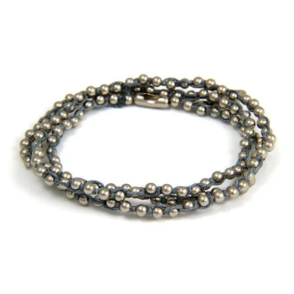 Mens Triple Wrap Grey Waxed Linen on Silver Ball Chain Bracelet