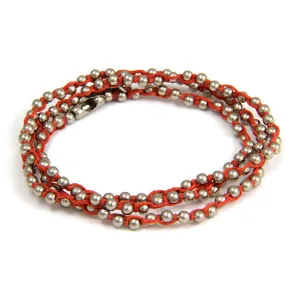 Mens Triple Wrap Rust Waxed Linen on Silver Ball Chain Bracelet