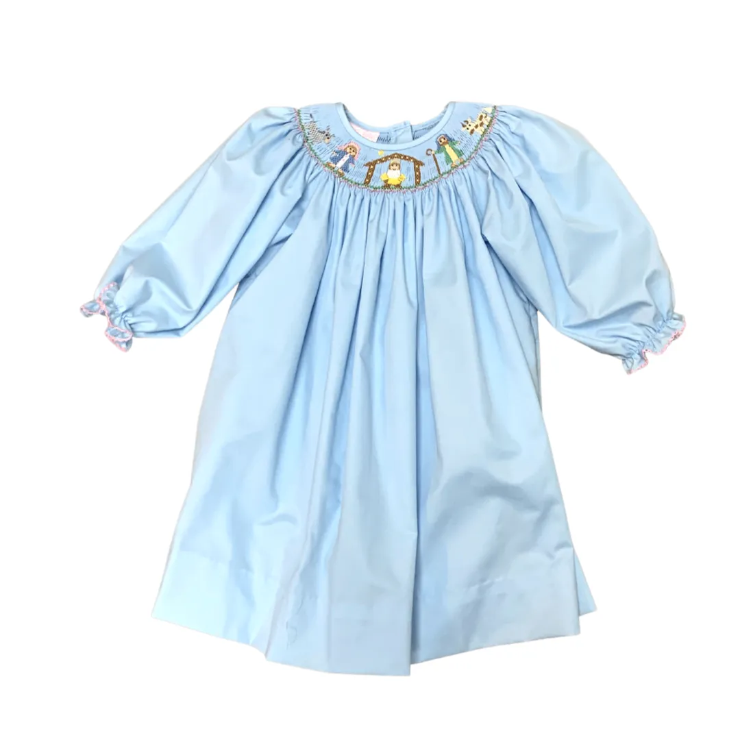 Nativity Girls Bishop L/S Blue Cotton