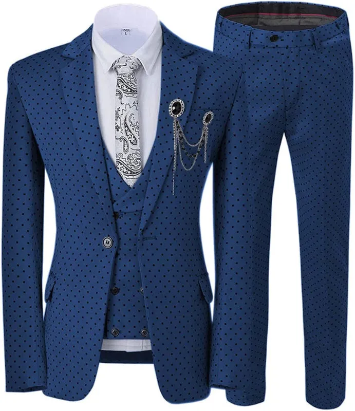Navy Blue Notched Lapel Slim Fit Three Pieces Prom Suits With Black Dot