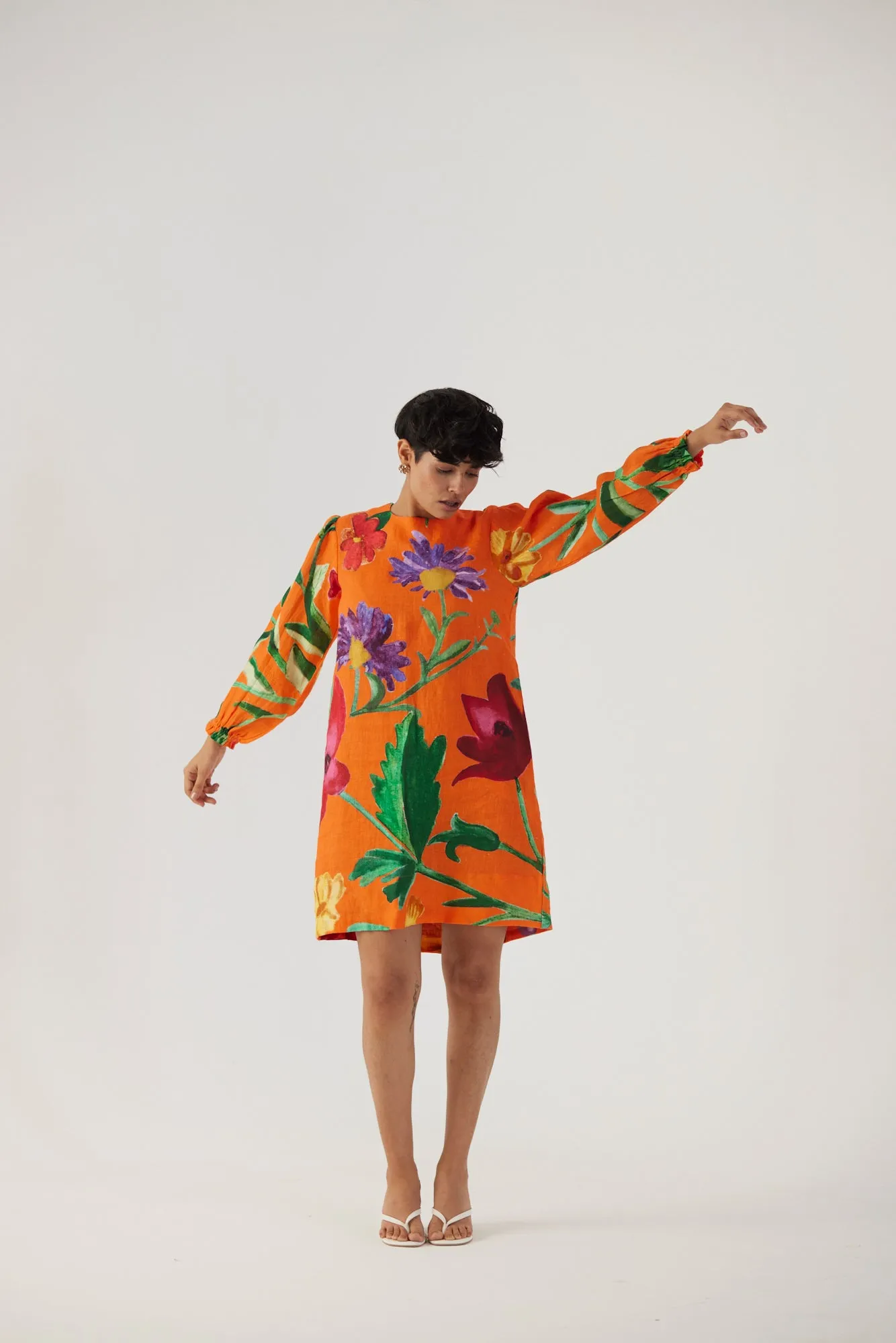 New Season Fall 24/Summer 25-Dress Linen Short Big Botanical Orange-YAMBB11-Fashion Edit Yam