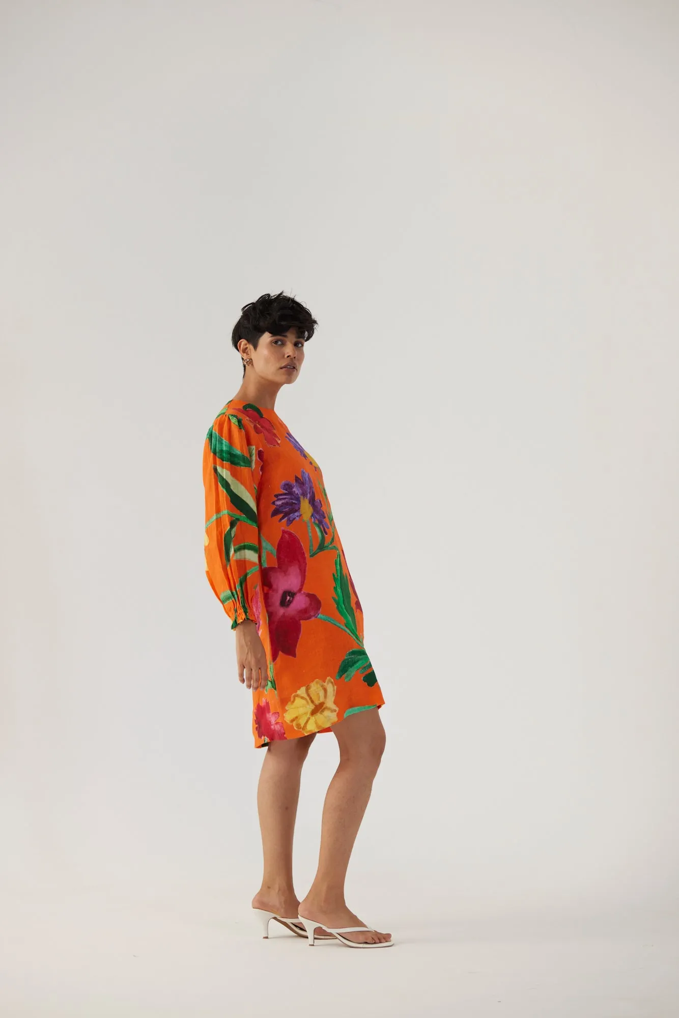 New Season Fall 24/Summer 25-Dress Linen Short Big Botanical Orange-YAMBB11-Fashion Edit Yam