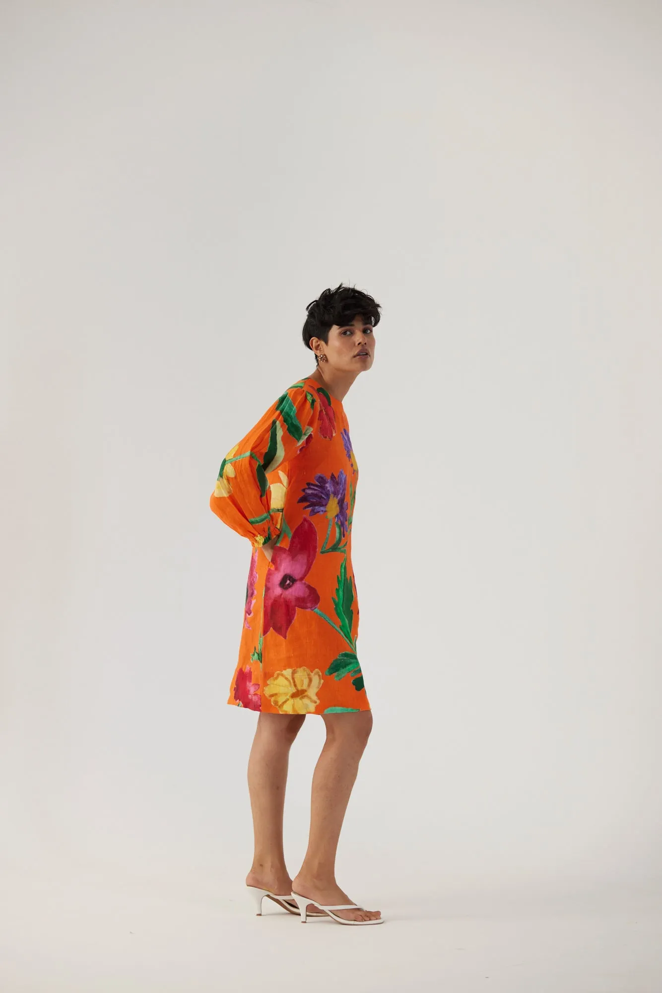 New Season Fall 24/Summer 25-Dress Linen Short Big Botanical Orange-YAMBB11-Fashion Edit Yam