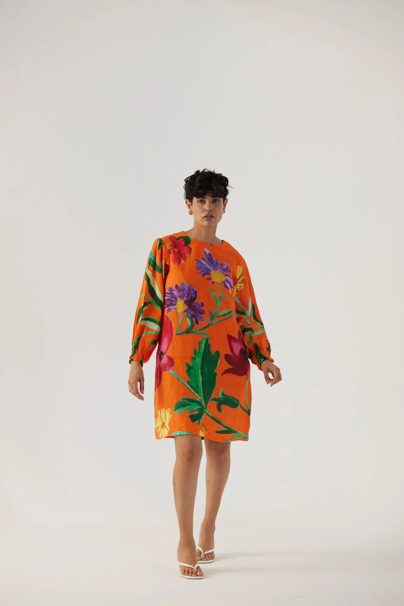 New Season Fall 24/Summer 25-Dress Linen Short Big Botanical Orange-YAMBB11-Fashion Edit Yam
