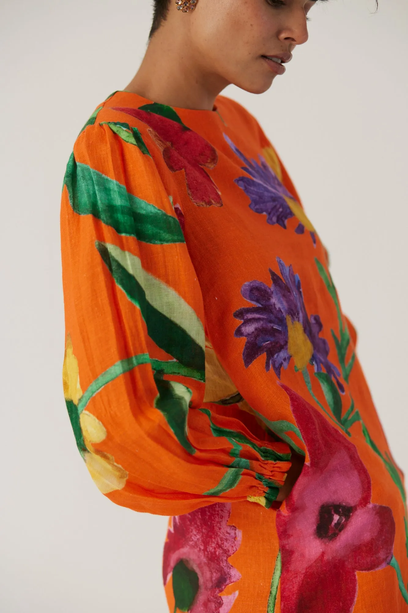 New Season Fall 24/Summer 25-Dress Linen Short Big Botanical Orange-YAMBB11-Fashion Edit Yam