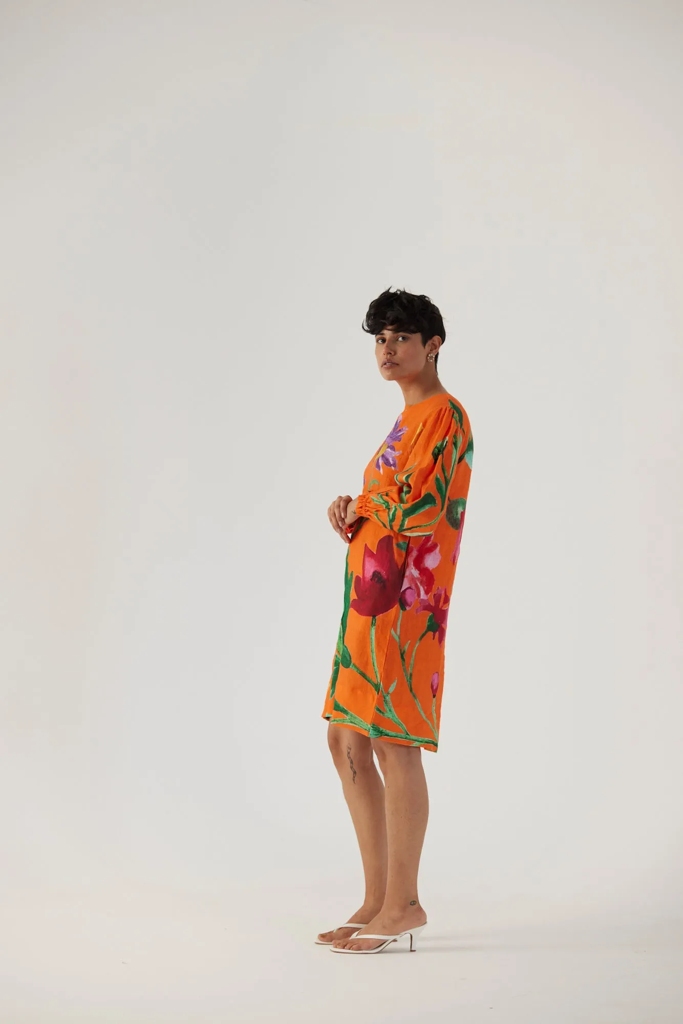 New Season Fall 24/Summer 25-Dress Linen Short Big Botanical Orange-YAMBB11-Fashion Edit Yam
