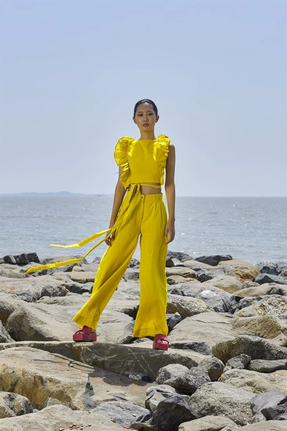 New Season Summer/Fall 24-Pants HighWaisted Cotton Yellow-MT H-Waist Trouser-NA Slub Yellow-Fashion Edit Mati