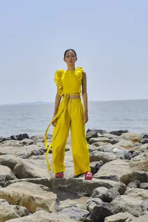 New Season Summer/Fall 24-Pants HighWaisted Cotton Yellow-MT H-Waist Trouser-NA Slub Yellow-Fashion Edit Mati