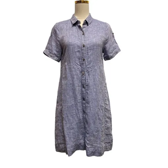 NIC ZOE Drifty Linen Shirt Dress Indigo Blue Mix Short Sleeve Point Collar - S
