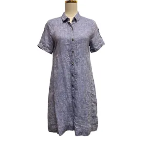 NIC ZOE Drifty Linen Shirt Dress Indigo Blue Mix Short Sleeve Point Collar - S