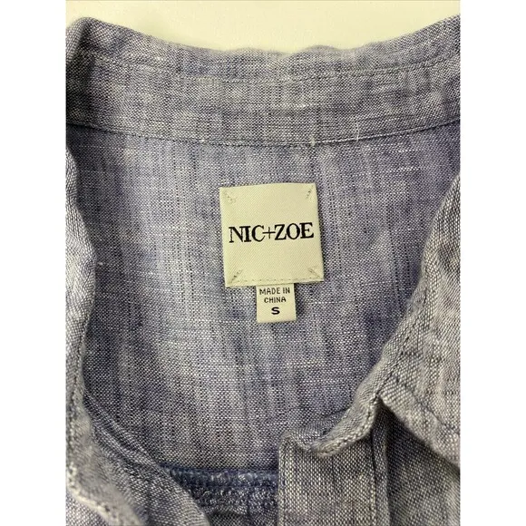 NIC ZOE Drifty Linen Shirt Dress Indigo Blue Mix Short Sleeve Point Collar - S